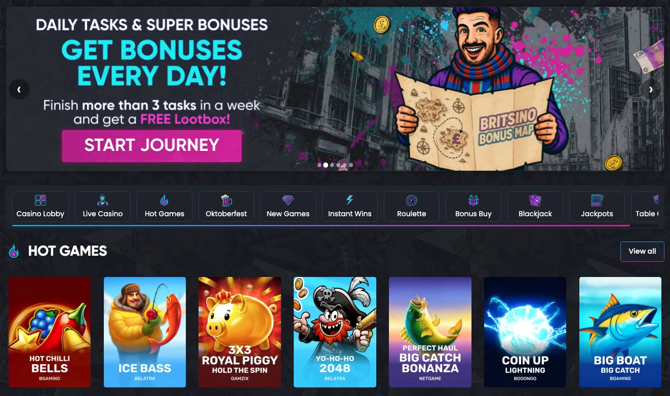 Image with a Britsino Casino bonus and top games